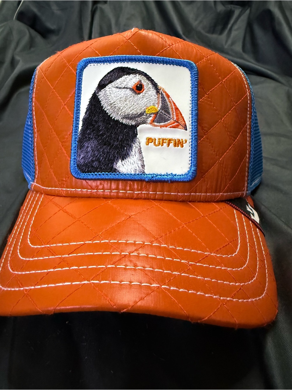Goorin Bros Orange and Blue Puffin Patch Trucker Hat